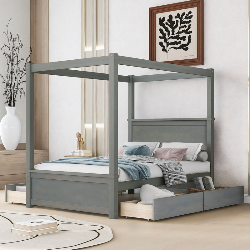 Wood Canopy Bed With Four Drawers, Full Size Canopy Platform Bed With Support Slats .No Box Spring Needed, Brushed Gray