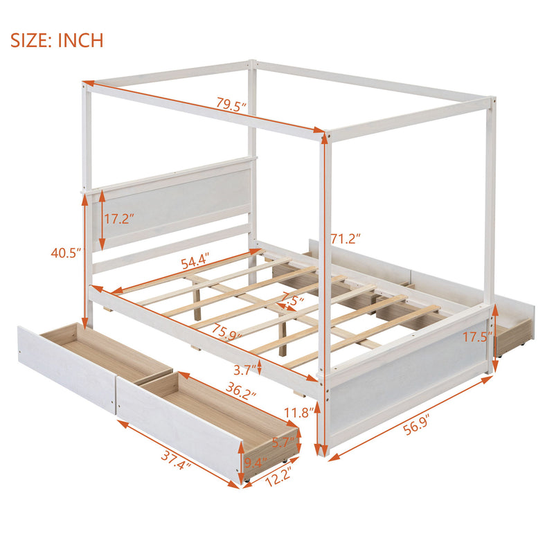 Wood Canopy Bed With Four Drawers, Full Size Canopy Platform Bed With Support Slats .No Box Spring Needed, Brushed White