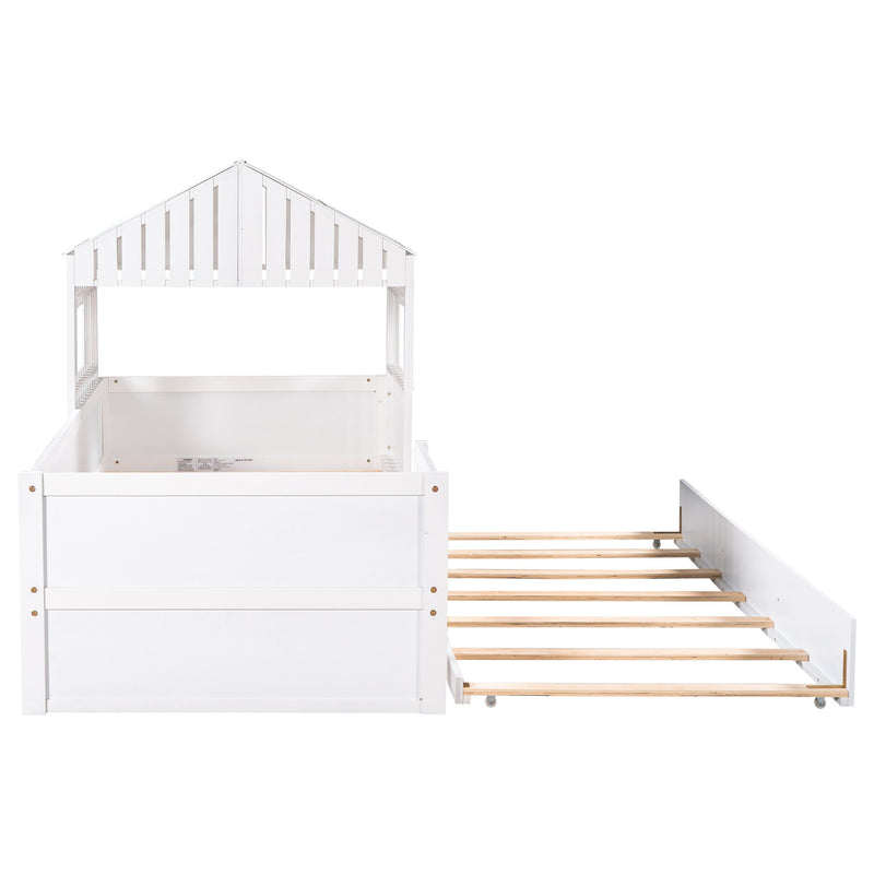 Twin Size House Low Loft Bed With Trundle, White