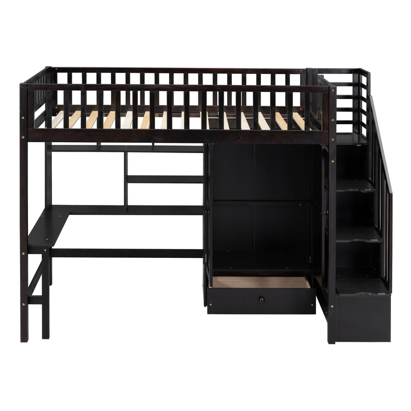Twin Size Loft Bed With Bookshelf, Drawers, Desk And Wardrobe - Espresso