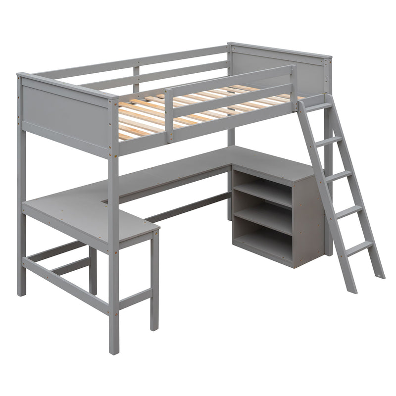 Twin Size Loft Bed With Shelves And Desk, Wooden Loft Bed With Desk - Gray