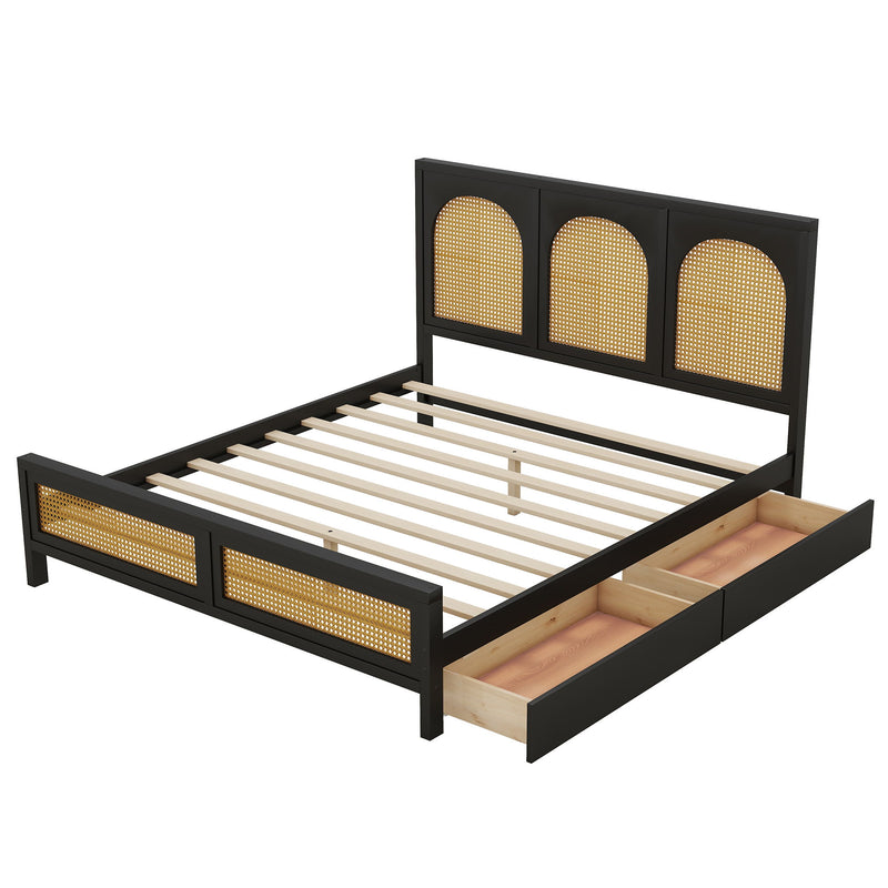 Queen Size Wood Storage Platform Bed With 2 Drawers, Rattan Headboard And Footboard, Black