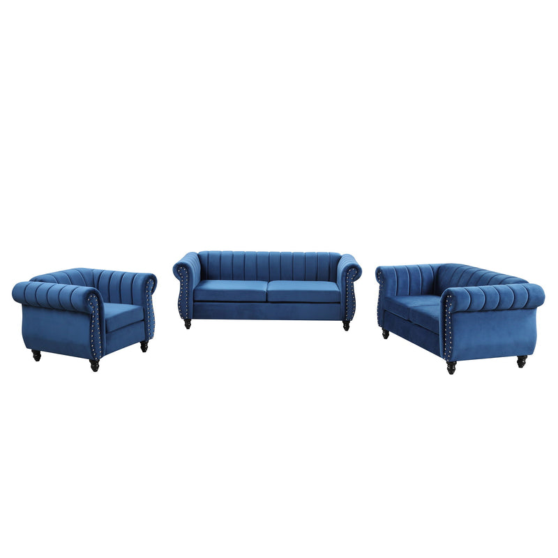 Modern Three Piece Sofa Set With Solid Wood Legs, Buttoned Tufted Backrest, Frosted Velvet Upholstered Sofa Set Including Three-Seater Sofa, Double Seater And Single Chair