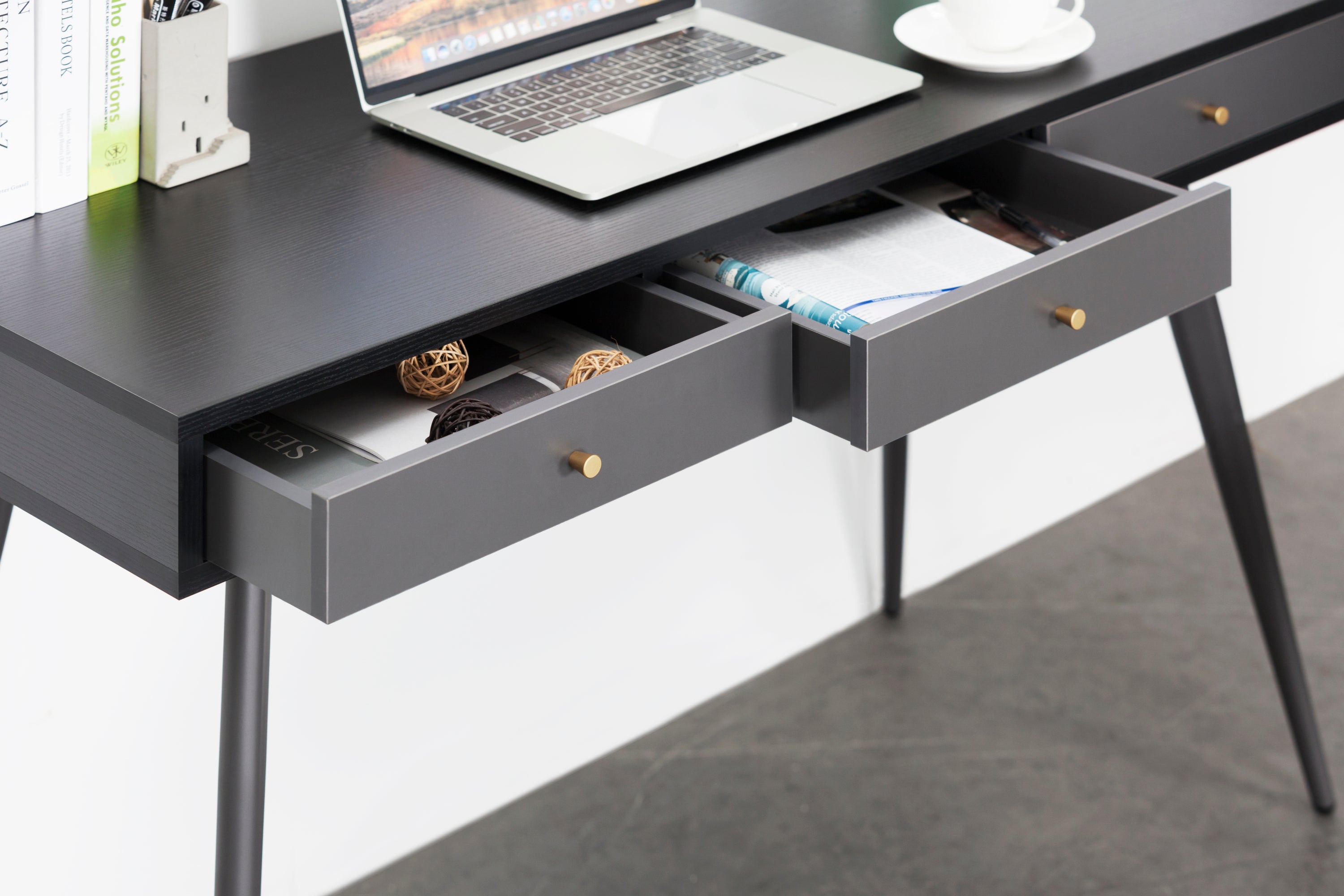 Modern Mid Century Desk 47" | Computer Desk with 3 Drawers, Black Wood Board with Oak Grain (Black Oak + Dark Grey),for Home Office - Atlantic Fine Furniture Inc