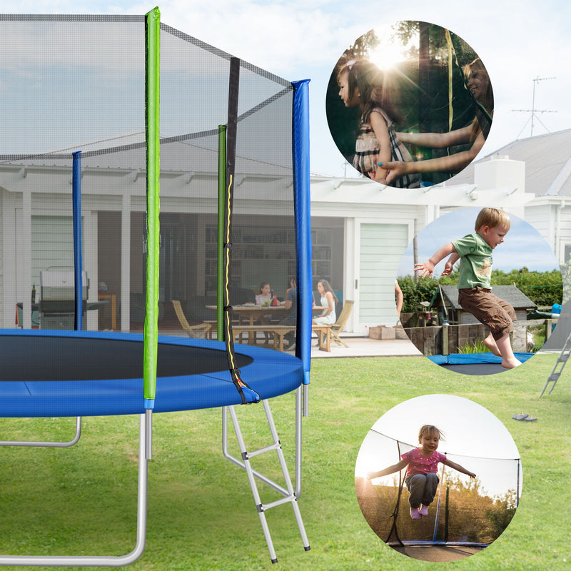 12FT Trampoline For Kids With Safety Enclosure Net - Ladder And 8 Wind Stakes - Round Outdoor Recreational Trampoline