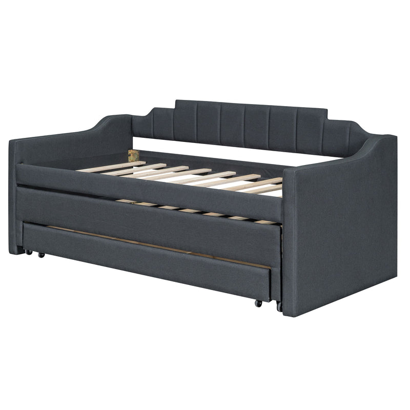 Twin Size Upholstered Daybed With Trundle And Three Drawers, Grey