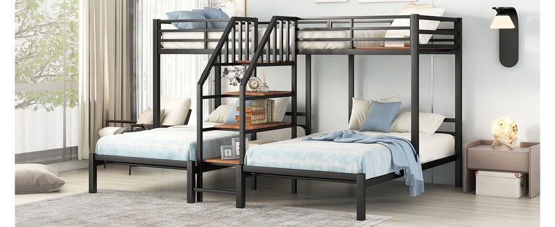 Metal Twin Over Twin & Twin Bunk Bed, Triple Bunk Bed With Storage Shelves Staircase, Black