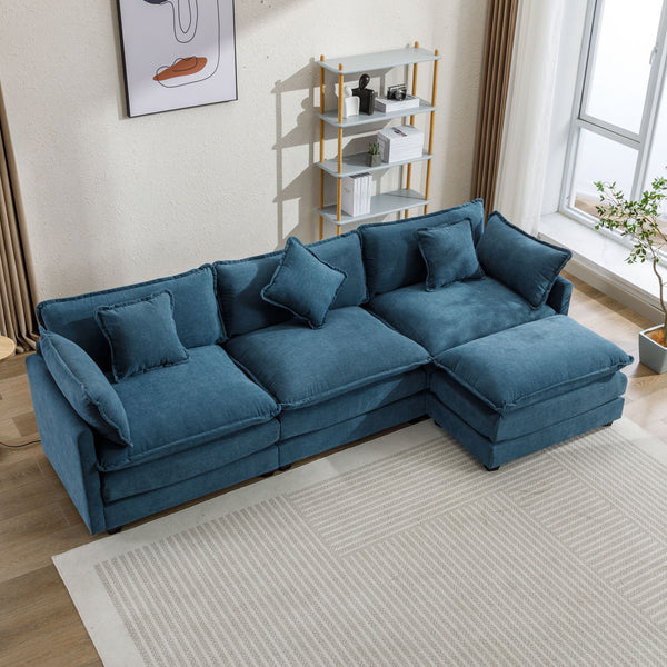 L-Shape Chenille Upholstered Sofa For Living Room Modern Luxury Sofa Couch With Ottoman, 5 Pillows, Blue