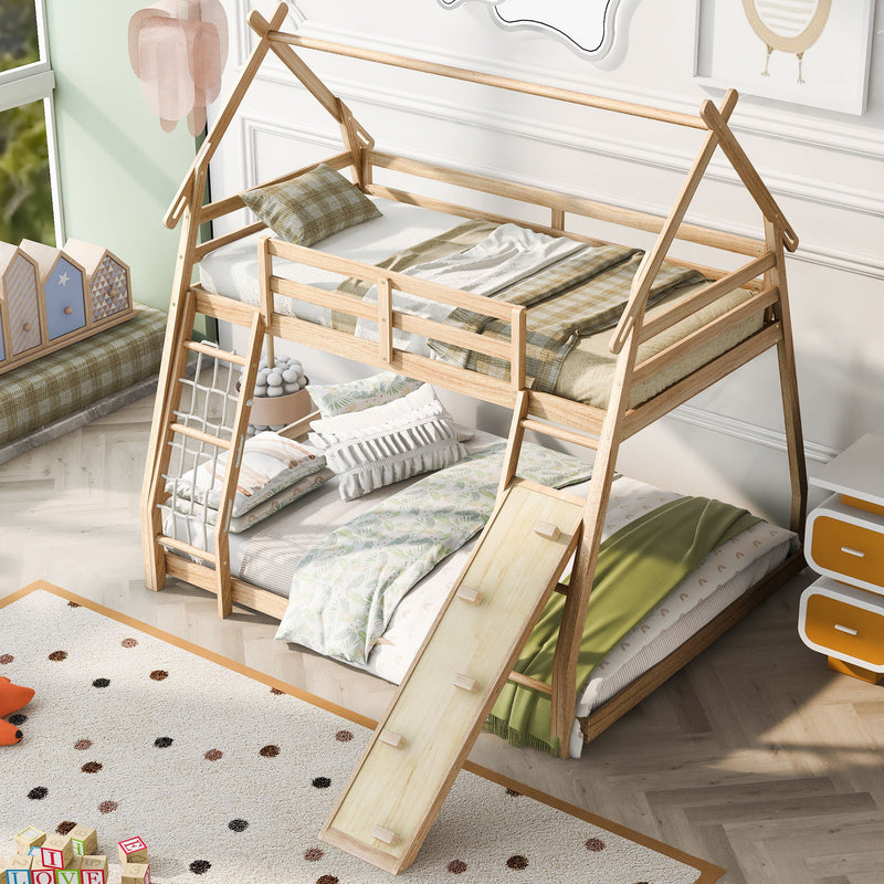 Twin Over Queen House Bunk Bed With Climbing Nets And Climbing Ramp, Natural