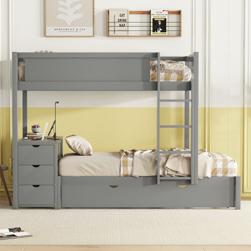 Twin-Over-Twin Bunk Bed With Twin Size Trundle, Storage And Desk, Gray