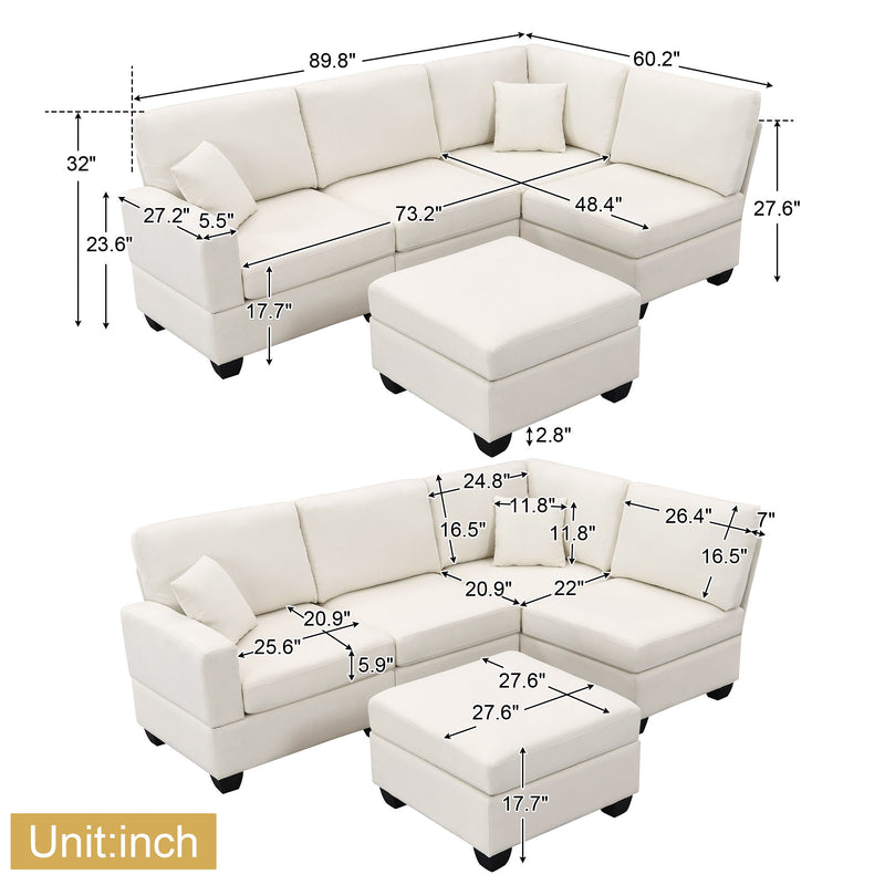 89.8*60.2" Modern Sectional Sofa, 5-Seat Modular Couch Set With Convertible Ottoman, L-Shape Linen Fabric Corner Couch Set With 2 Pillows For Living Room, Apartment, Office, 3 Colors