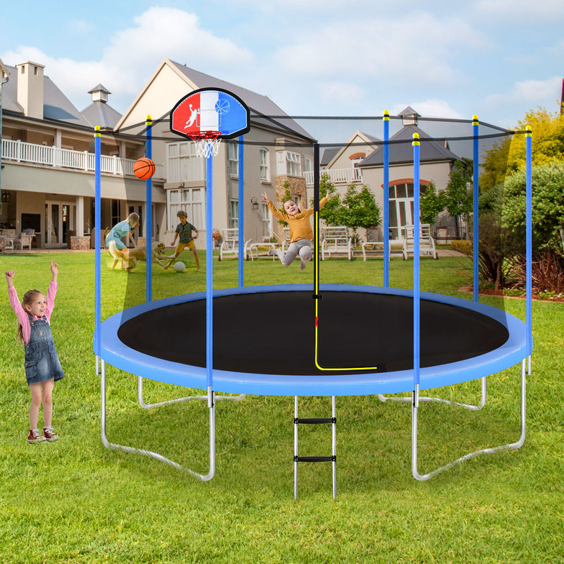14FT Trampoline For Kids With Safety Enclosure Net - Basketball Hoop And Ladder - Easy Assembly Round Outdoor Recreational Trampoline - Blue