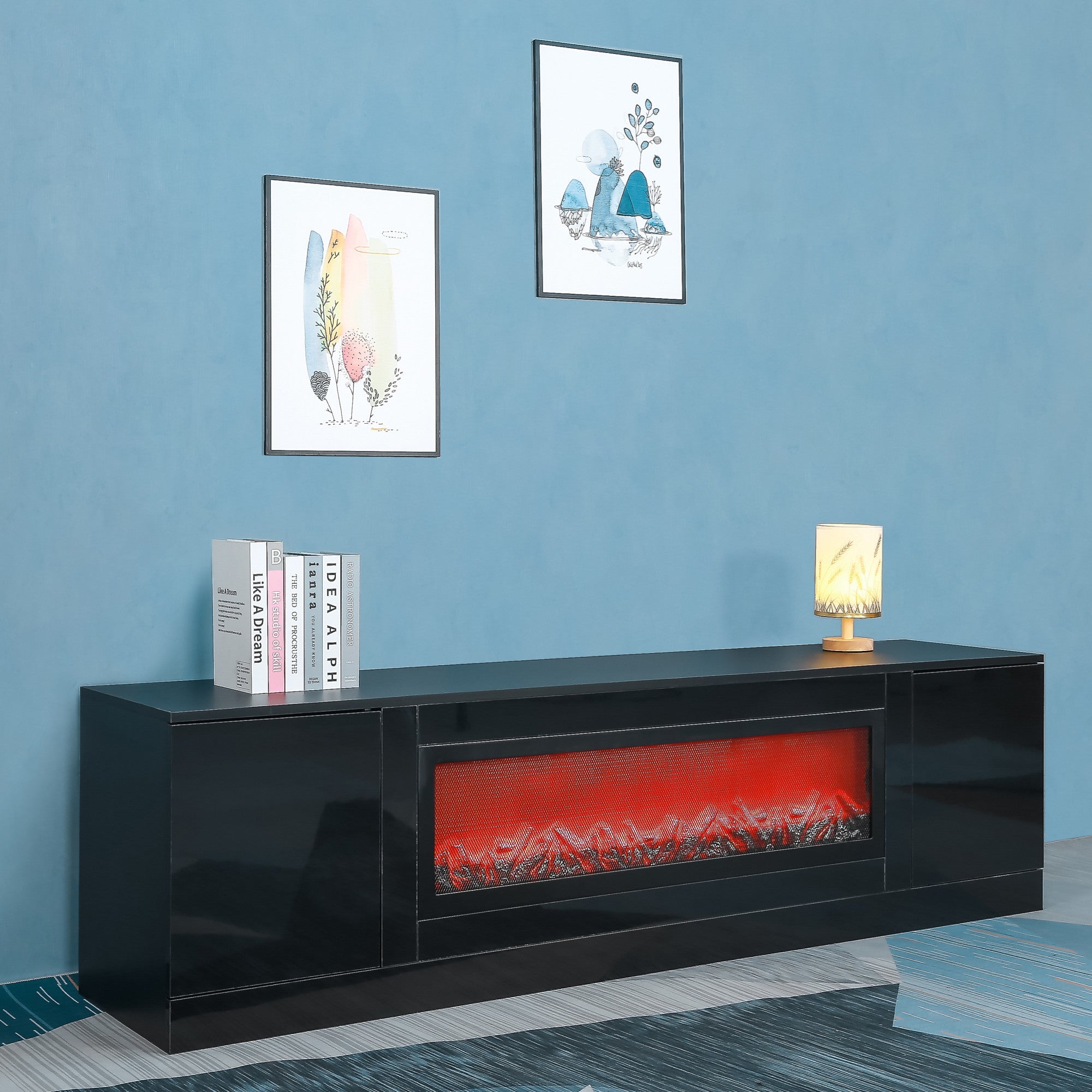 Living room furniture modern black electric fireplace TV stand with insert fireplace,without remote and heating - Atlantic Fine Furniture Inc