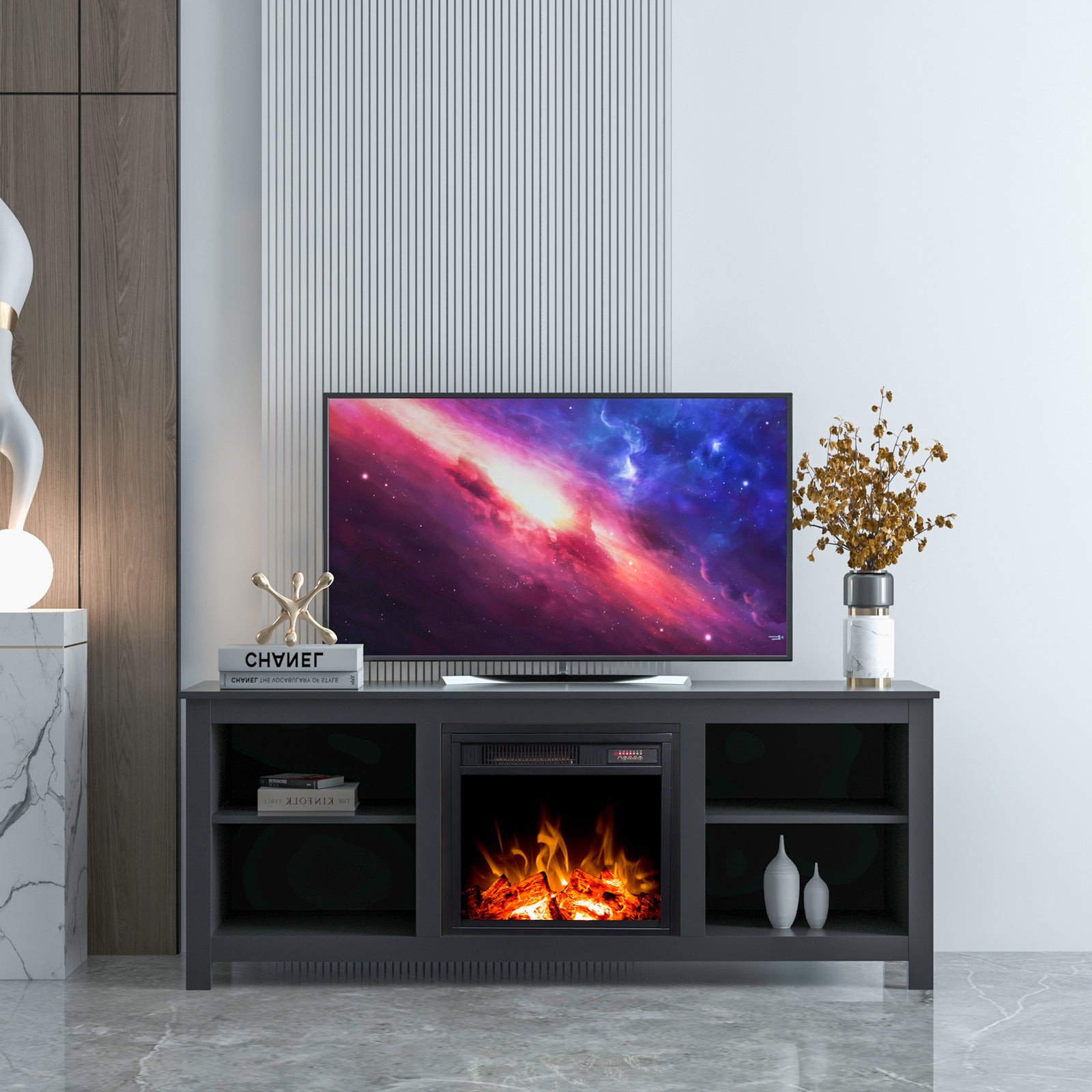 Classic 4 Cubby Fireplace TV Stand , Black - Atlantic Fine Furniture Inc