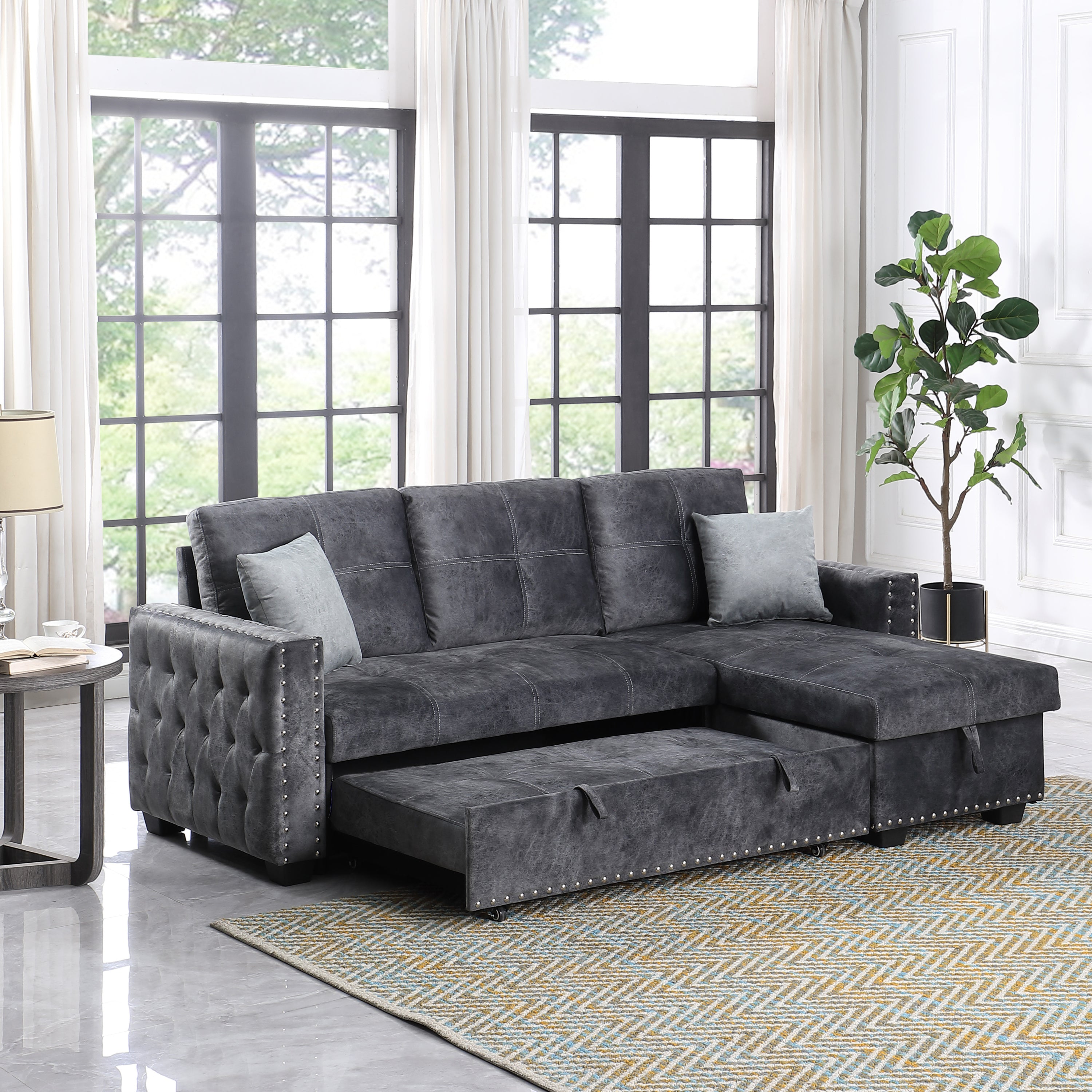 Reversible Sleeper Sectional Storage Sofa Bed,Corner Sofa-Bed With Storage,3 Seat Both Left Handed And Right Handed, Nailheaded - Atlantic Fine Furniture Inc