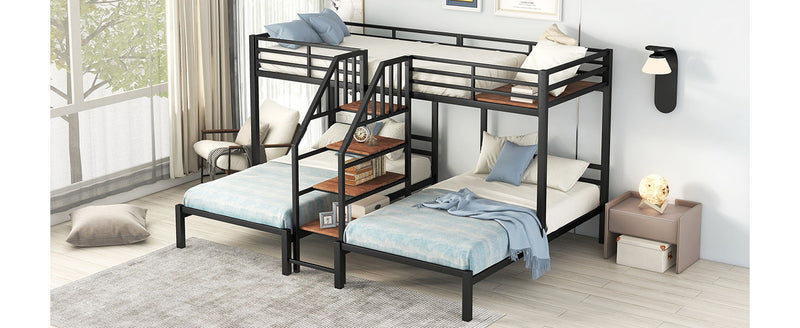 Metal Twin Over Twin & Twin Bunk Bed, Triple Bunk Bed With Storage Shelves Staircase, Black
