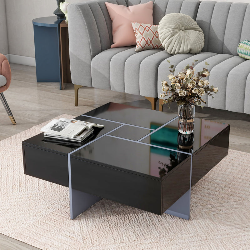 On-Trend Unique Design Coffee Table With 4 Hidden Storage Compartments, Square Cocktail Table With Extendable Sliding TableTop , Uv High-Gloss Design Center Table