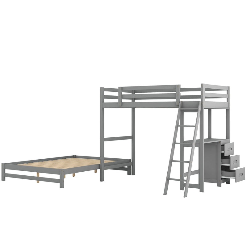 Twin Over Full Bunk Bed With Built-In Desk And Three Drawers, Gray