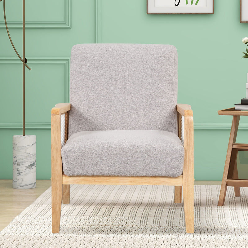 Mid-Century Armchair Rattan Mesh Upholstered Accent Chair, Teddy Short Plush Particle Velvet Armchair For Living Room, Bedroom, Office, Studio, Gray