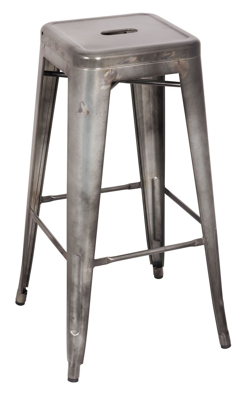 The Kiara antique finish barstool is a charming piece in a rustic style obtained through the solid steel frame with metal seat, legs and foot rest for support. No Assembly necessary.