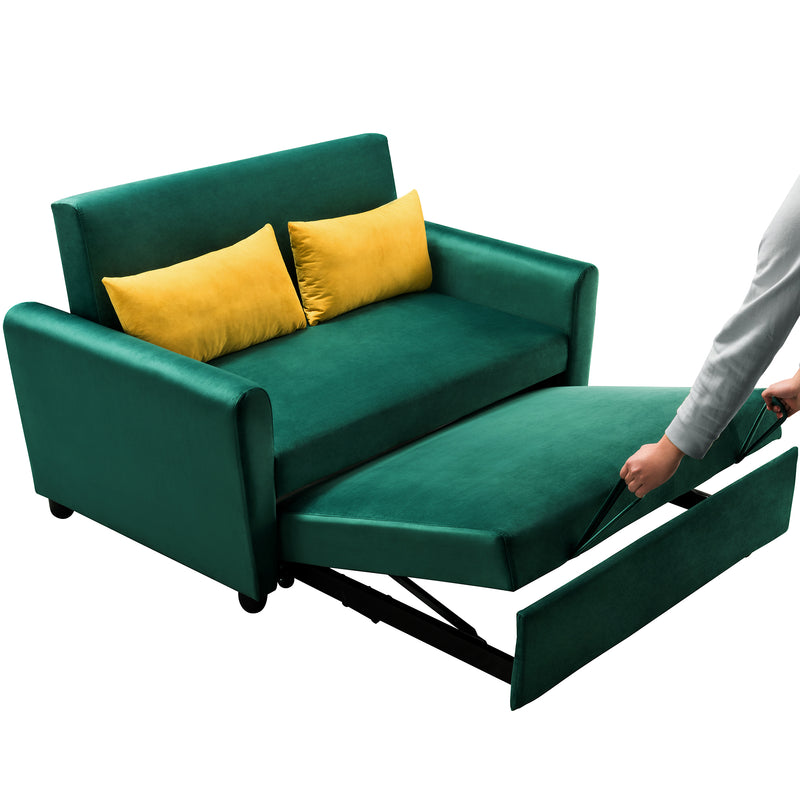 [VIDEO provided]55" Modern Velvet Sofa with Pull-Out Sleeper Bed with 2 Pillows Adjustable Backrest for Small Spaces Green