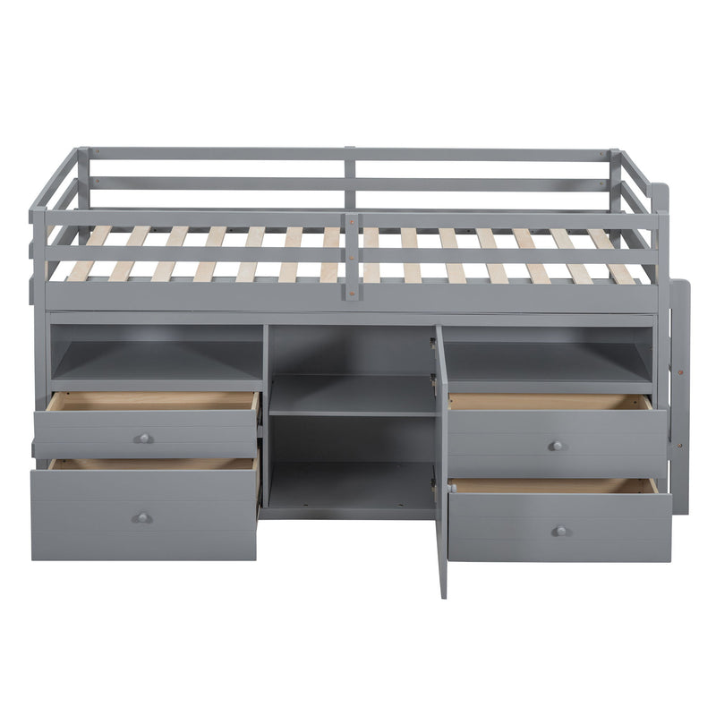 Twin Size Loft Bed With 4 Drawers, Underneath Cabinet And Shelves, Gray