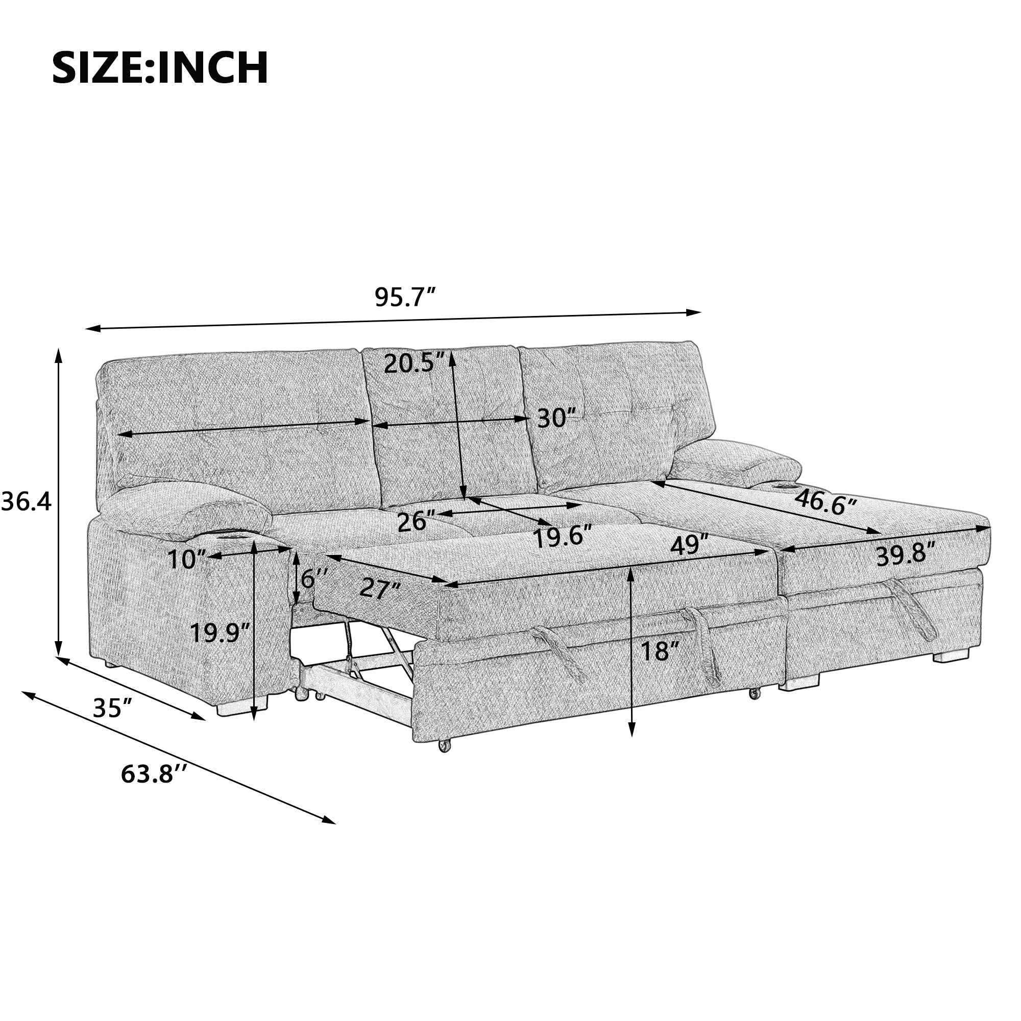 Orisfur. Modern Padded Upholstered  Sofa Bed Sleeper Sectional Sofa with Storage Chaise and Cup Holder for Living Room Furniture Set - Atlantic Fine Furniture Inc