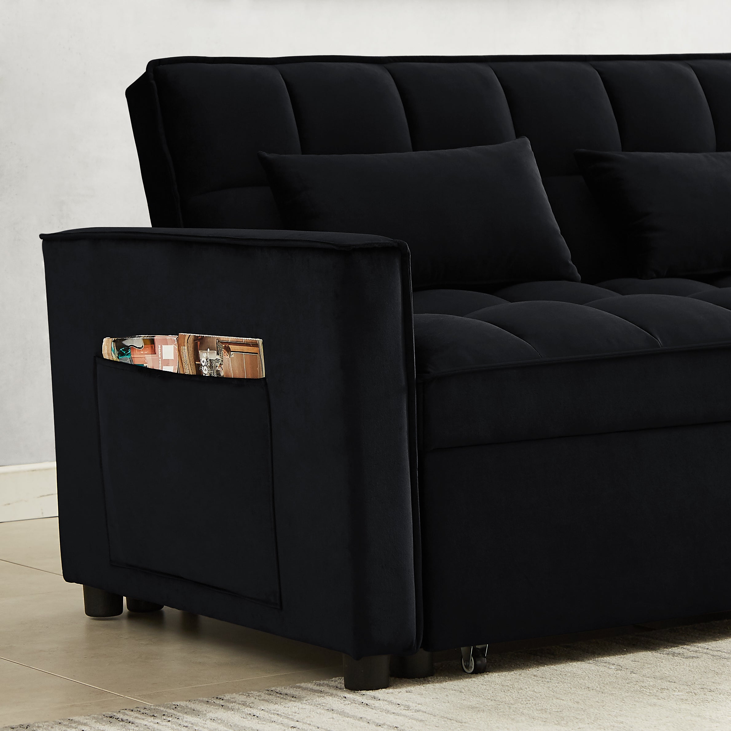 Modern Velvet Convertible Loveseat Sleeper Sofa Couch with Adjustable Backrest, 2 Seater Sofa With Pull-Out Bed with 2 Lumbar Pillows For Small Living Room & Apartment - Atlantic Fine Furniture Inc