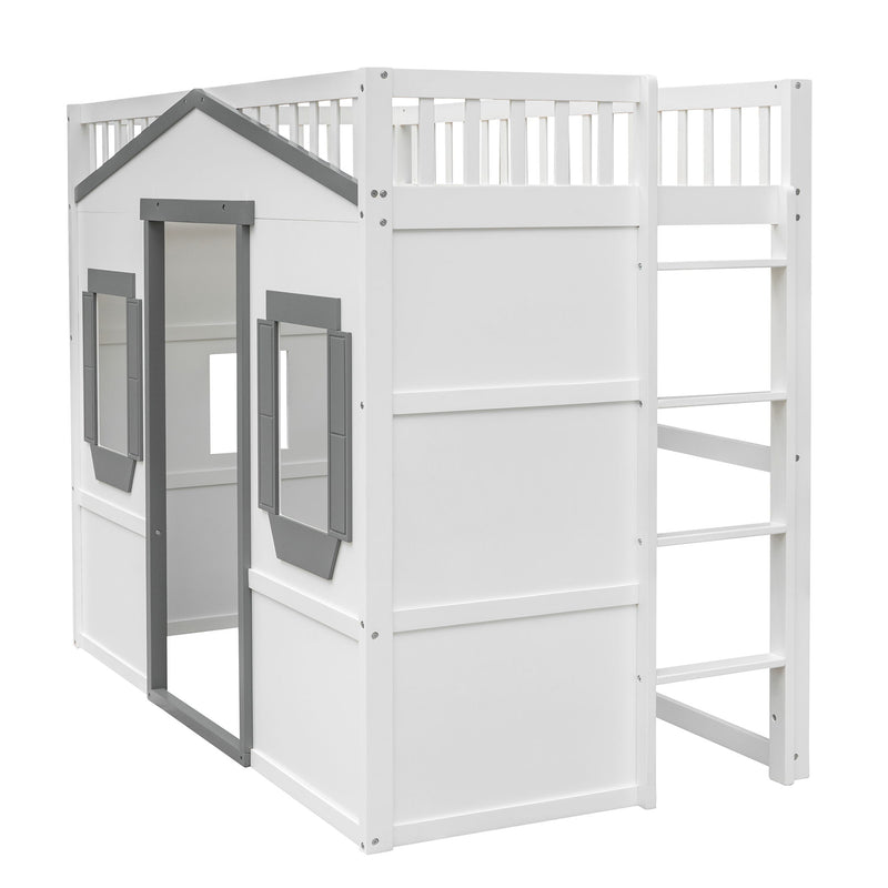 Twin Size House Loft Bed With Ladder - White / Gray Frame