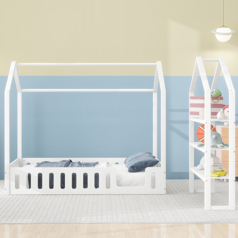 Full Size Wood House Bed With Fence And Detachable Storage Shelves, White