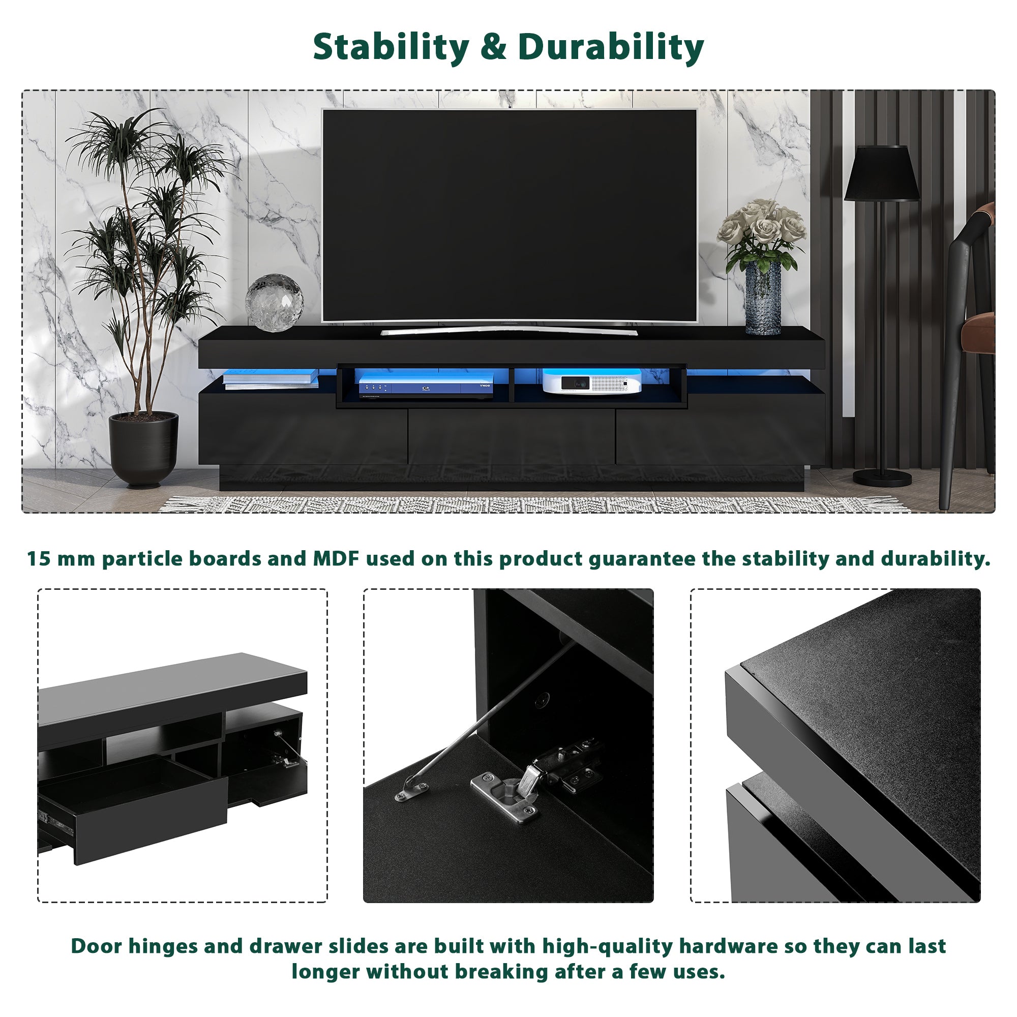 On-Trend TV Stand with 4 Open Shelves, Modern High Gloss Entertainment Center for 75 Inch TV, Universal TV Storage Cabinet with 16-color RGB LED Color Changing Lights, Black - Atlantic Fine Furniture Inc