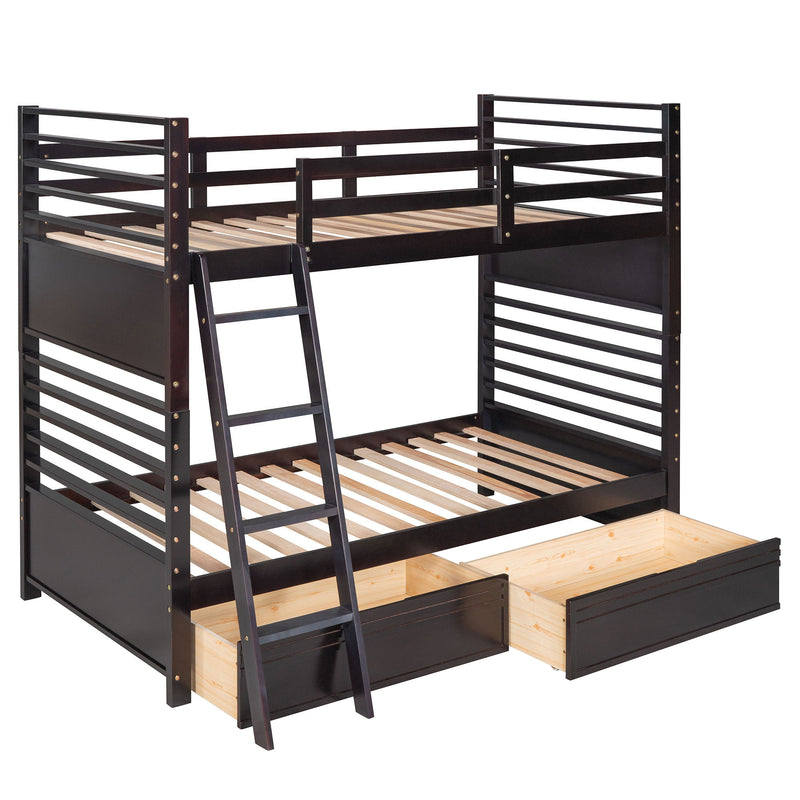 Twin Over Twin Wood Bunk Bed With Two Drawers - Espresso