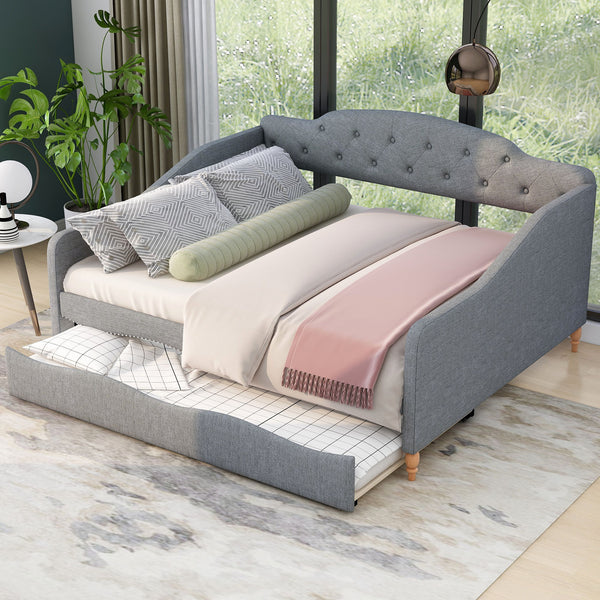 Full Size Vintage Upholstery Daybed With Trundle, Gray