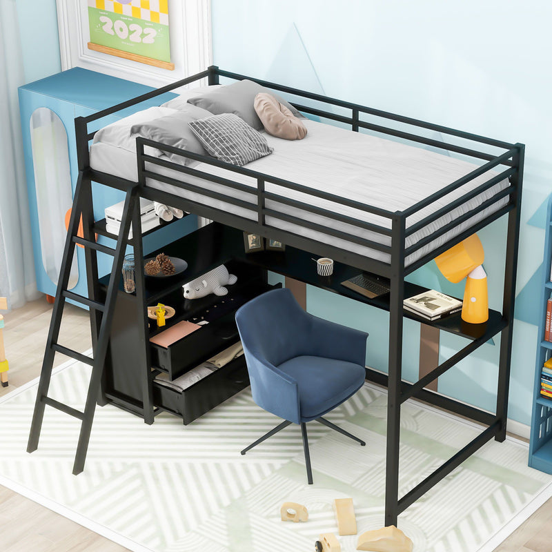Twin Size Metal & Wood Loft Bed With Desk And Shelves, Two Built-In Drawers, Black