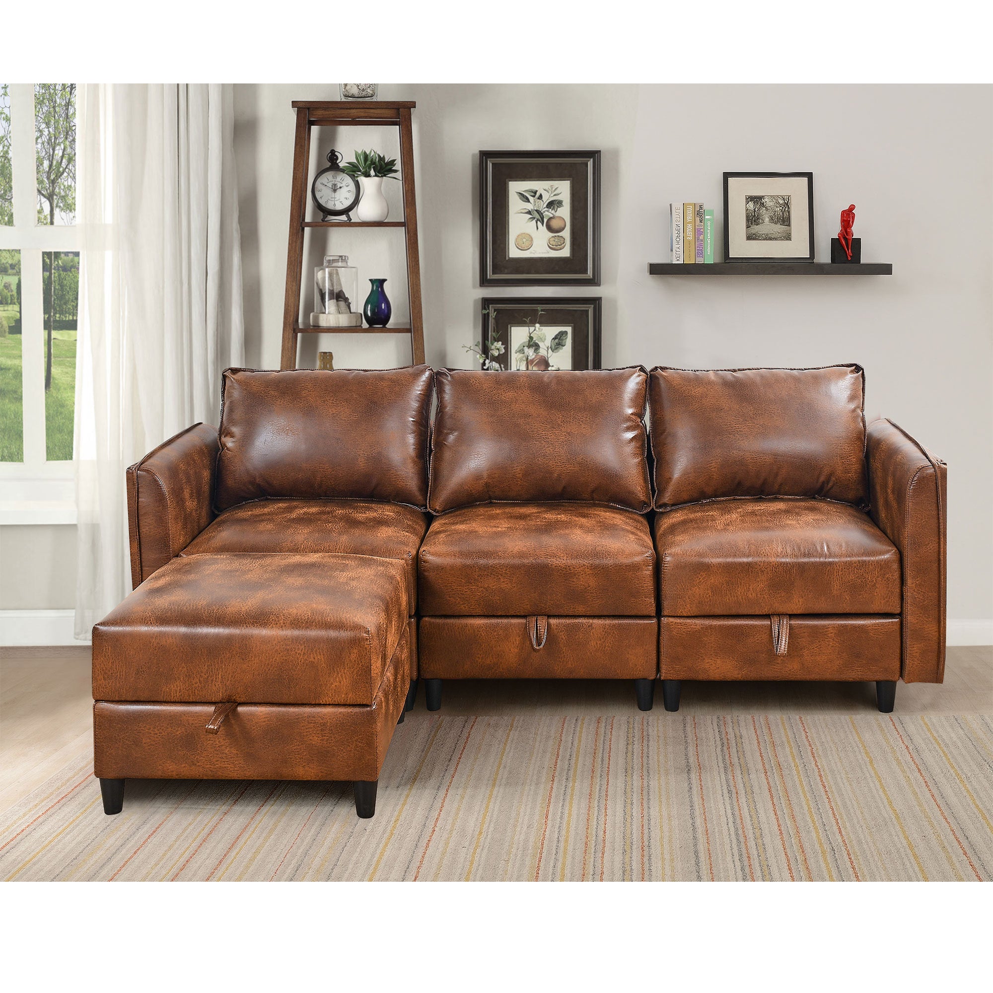 Welike Modular combination sofa L-shaped convertible sofa with reversible upholstered storage seat with sleeper sofa brown tech cloth - Atlantic Fine Furniture Inc