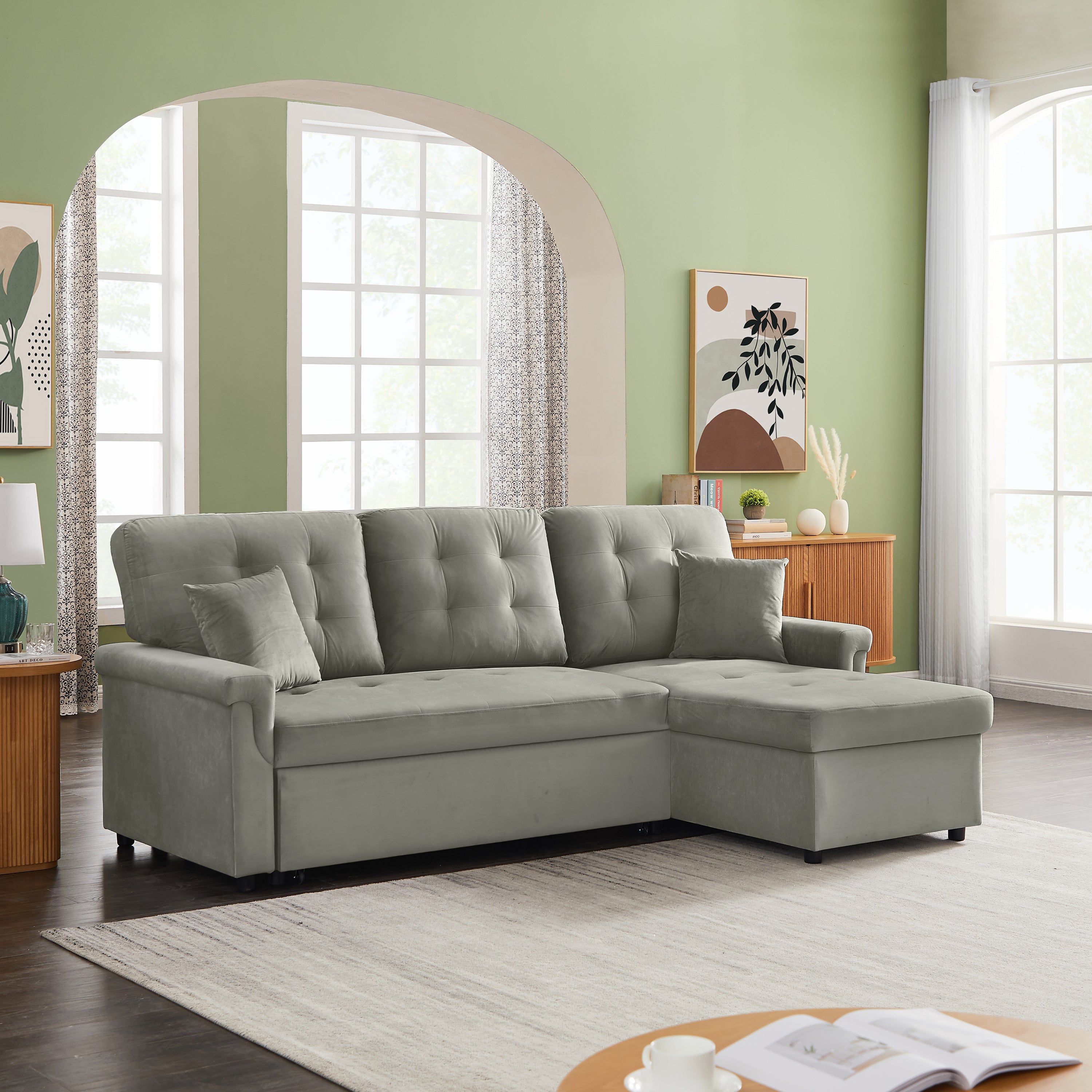 Velvet Reversible Sectional Sofa with Pull Out sleeper, L-Shaped Couch Chaise with Storage For Living Room & Apartment - Atlantic Fine Furniture Inc