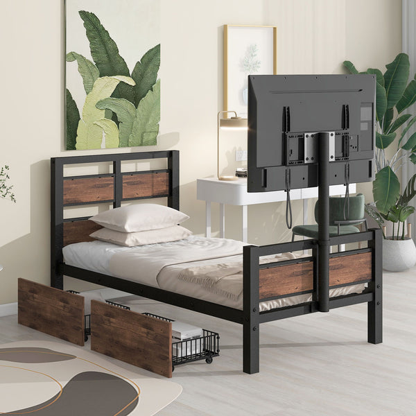 Twin Size Metal Platform Bed With MDF Headboard And Footboard, Two Storage Drawers And Rotatable TV Stand, Black