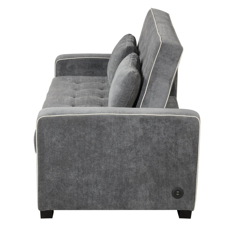 Linen Upholstered Sleeper Bed , Pull Out Sofa Bed Couch attached two throw pillows,Dual USB Charging Port and Adjustable Backrest for Living Room Space,Gray