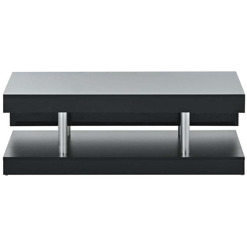 On-Trend Modern 2-Tier Coffee Table With Silver Metal Legs, Rectangle Cocktail Table With High-Gloss Uv Surface, Minimalist Design Center Table For Living Room, Black
