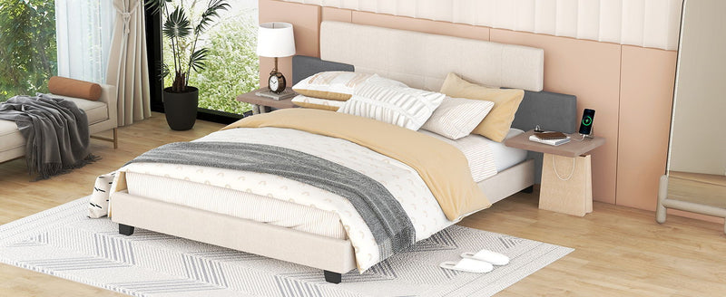 Queen Size Upholstered Platform Bed With Bedside Shelves And Usb Charging Design, Beige / Gray