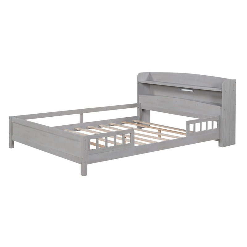 Wood Full Size Platform Bed With Built-In Led Light, Storage Headboard And Guardrail, Antique Gray