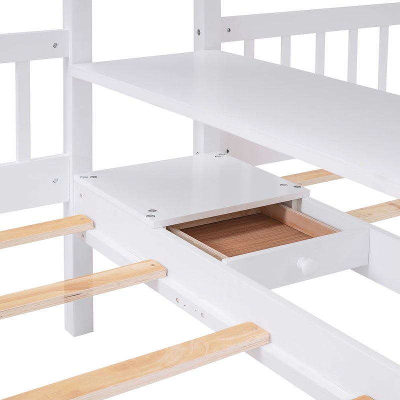 Full-Over-Twin-Twin Bunk Bed With Shelves, Wardrobe And Mirror, White