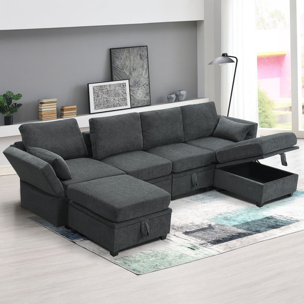 109*54.7" Chenille Modular Sectional Sofa, U Shaped Couch With Adjustable Armrests And Backrests, 6 Seat Reversible Sofa Bed With Storage Seats For Living Room, Apartment