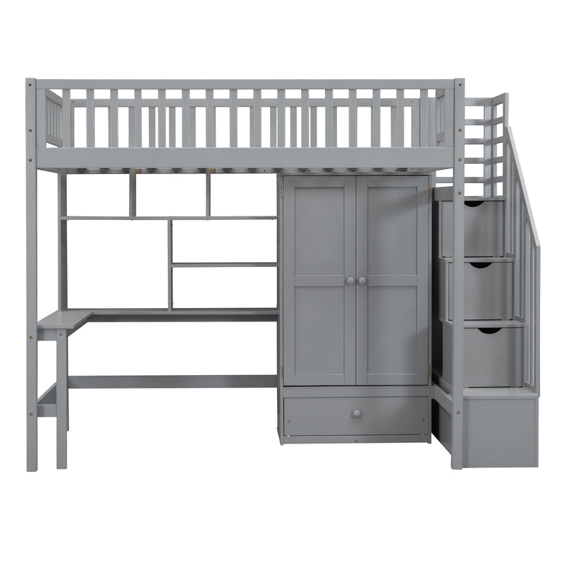 Twin Size Loft Bed With Bookshelf, Drawers, Desk And Wardrobe - Gray