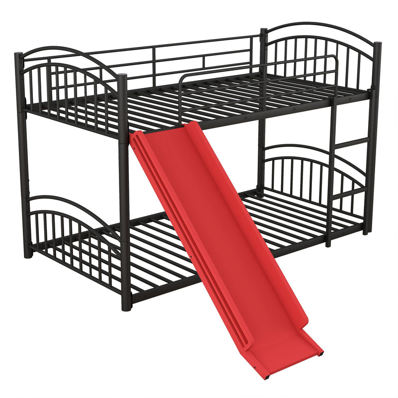 Twin Over Twin Metal Bunk Bed With Slide, Kids House Bed - Black / Red