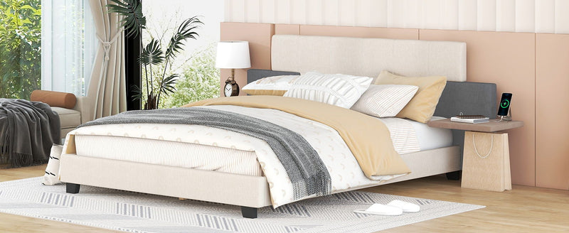Queen Size Upholstered Platform Bed With Bedside Shelves And Usb Charging Design, Beige / Gray