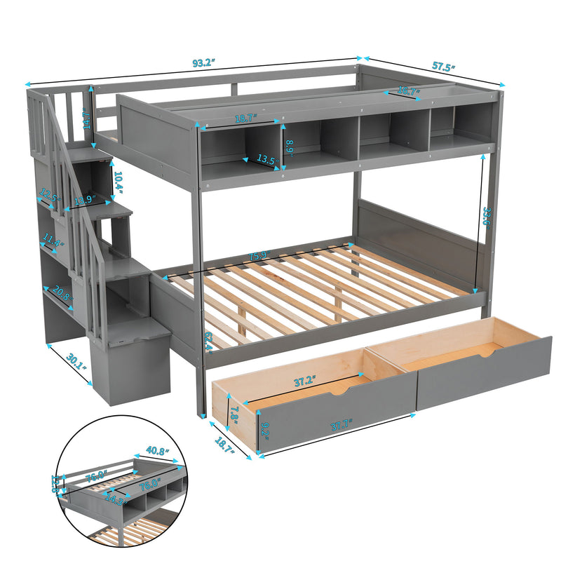 Twin Over Full Bunk Bed With Shelfs, Storage Staircase And 2 Drawers - Gray