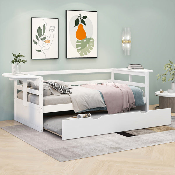 Twin Size Daybed With Trundle And Foldable Shelves On Both Sides, White
