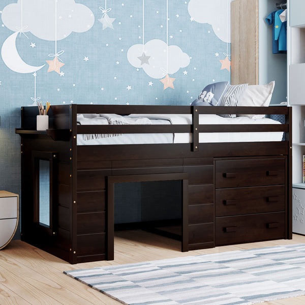 Twin Size Loft Bed With Cabinet And Shelf - Espresso