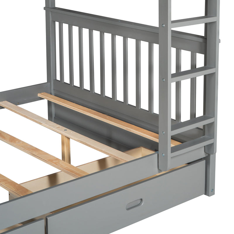 Full-Over-Full Bunk Bed With Ladders And Two Storage Drawers (Gray)